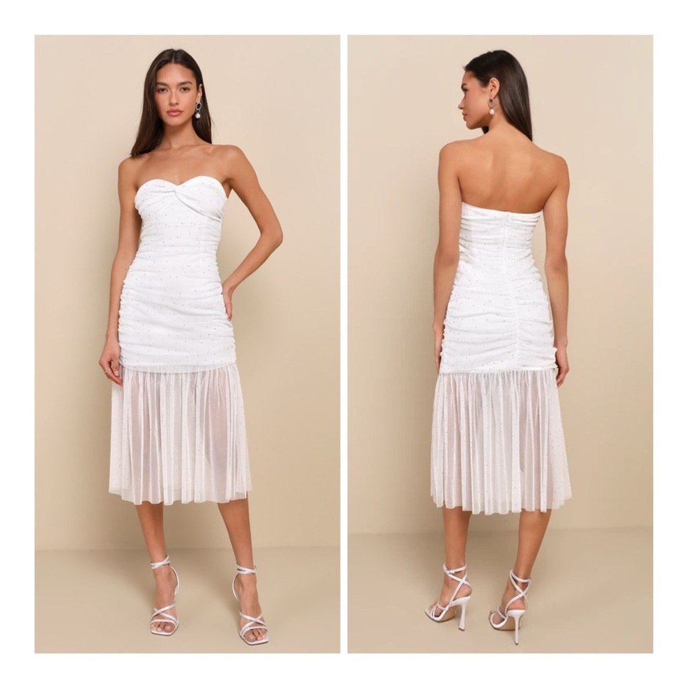 NEW Lulus Small Sparkling Babe White Mesh‎ Rhinestone Ruched Midi Dress